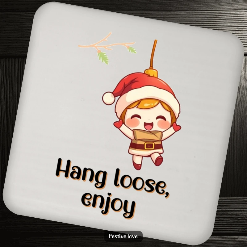 Funny coasters showing a giggling Christmas ornament character swinging merrily, adding festive humor to tables.
