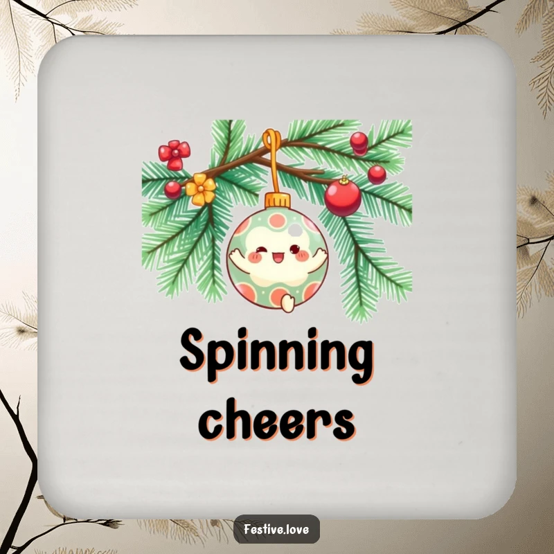 Funny drink coaster featuring a festive ornament character spinning gleefully on a decorated tree branch, safeguarding surfaces with holiday cheer.