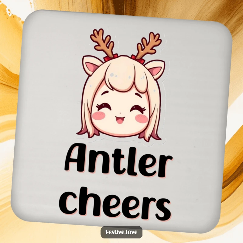 Funny drink coaster depicting a smiling character wearing tiny reindeer antlers, looking excited, perfect for adding holiday charm to drinks.