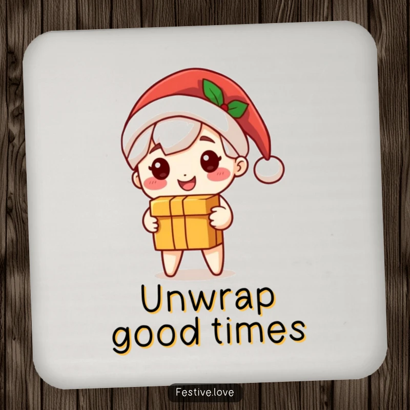 Funny Santa coaster set featuring a cute character in a Santa hat, smiling and delivering a gift, perfect for tables.