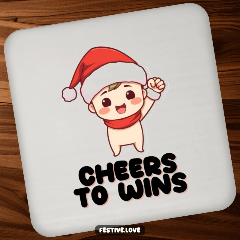 Funny drink coaster featuring a Santa hat-wearing character triumphantly pumping their fist, celebrating wins and protecting surfaces.