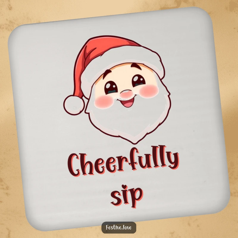 Funny Santa hat character drink coaster nodding cheerfully, adding festive holiday cheer to any surface. Practical and fun.