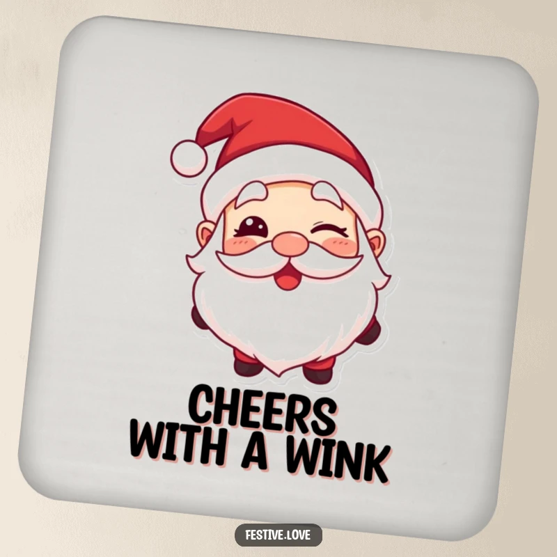 Funny drink coaster featuring Santa Claus giving a big, cheerful wink, perfect for holiday tables.
