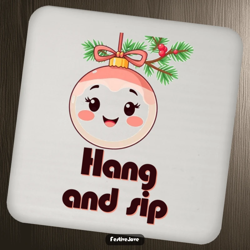 Funny drink coaster with a smiling ornament character, cheerful expression, hanging from a festive garland.