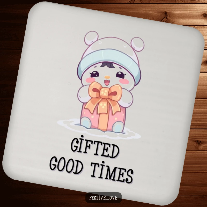 Funny drink coaster featuring a cute snow character character beaming with excitement while opening a festive gift.