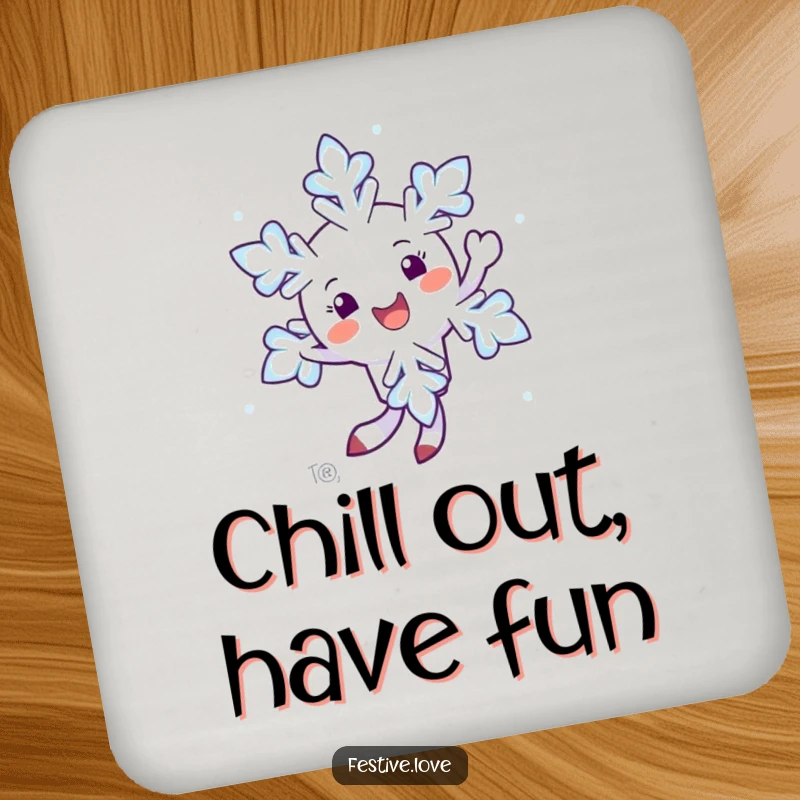 Funny coasters showing a happy snowflake character twirling in the air, adding whimsical winter humor to tables.