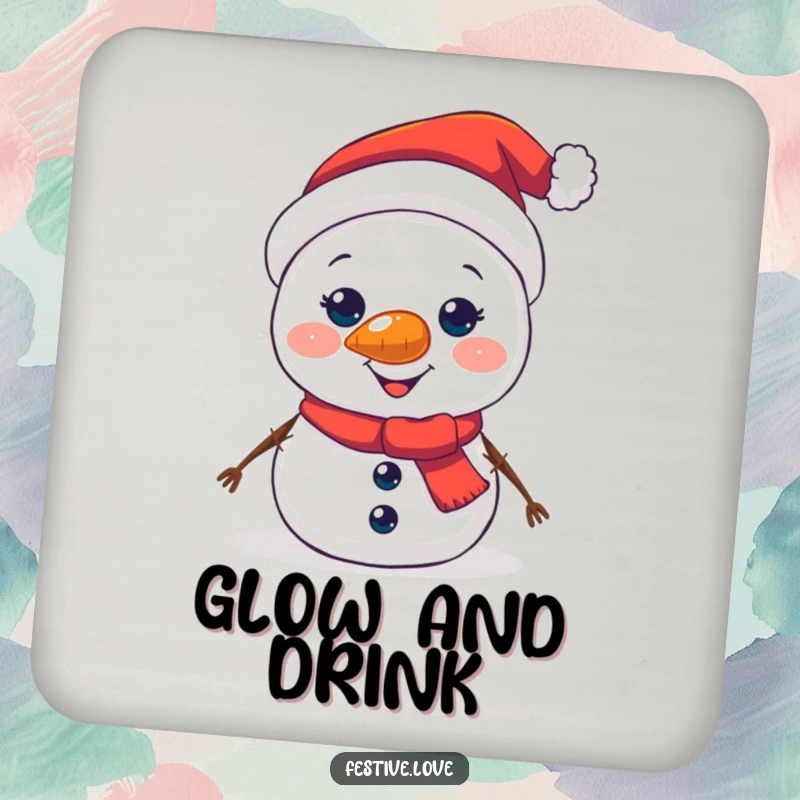 Funny drink coaster featuring a jolly snowman character with a prominently glowing carrot nose.