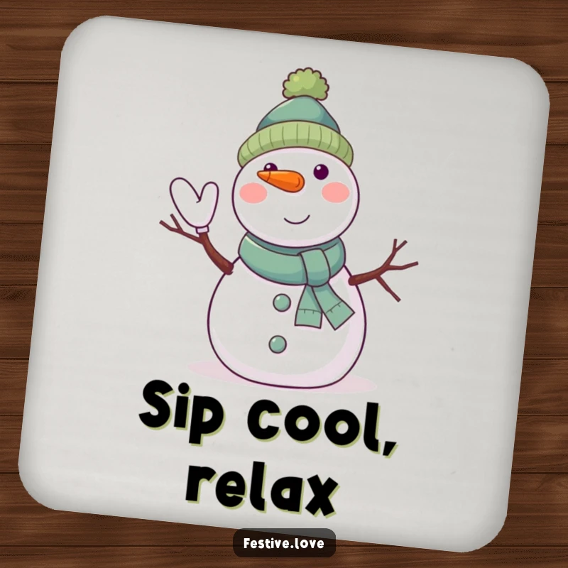 Funny snowman coaster set featuring a jolly character waving with twig arms and a carrot nose, perfect for tables.