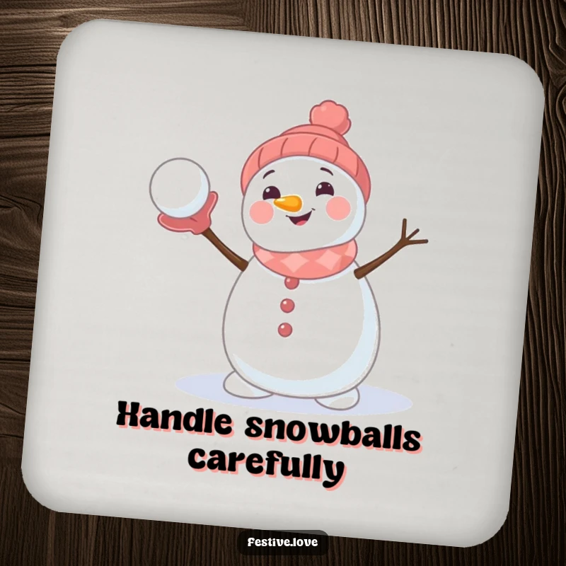 Funny drink coaster with a cute, smiling snowman character throwing a snowball, protecting surfaces with wintery fun.