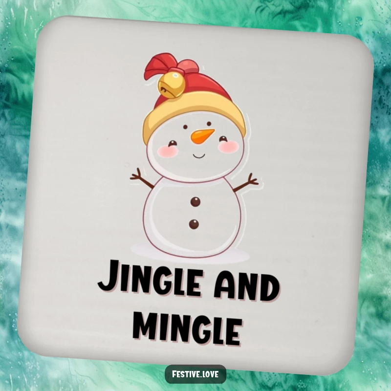 Funny snowman coasters showcasing a character in a jingly bell hat, adding festive flair to surface protection.