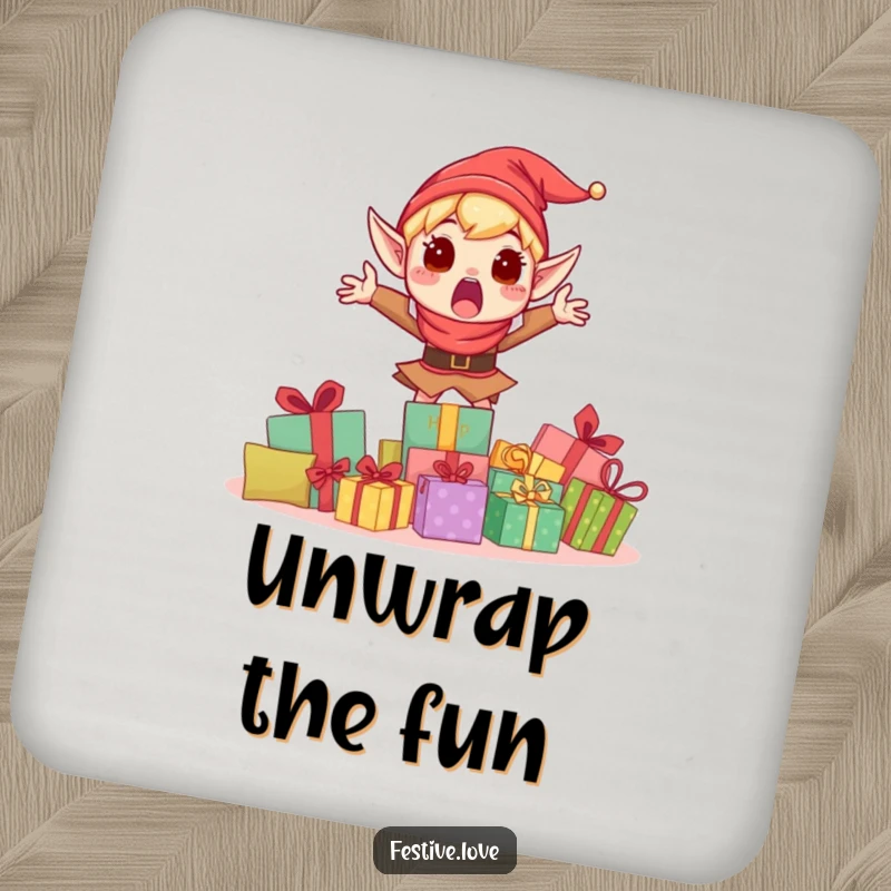 Funny drink coaster showing a surprised elf character jumping with extreme excitement behind a pile of wrapped holiday gifts.