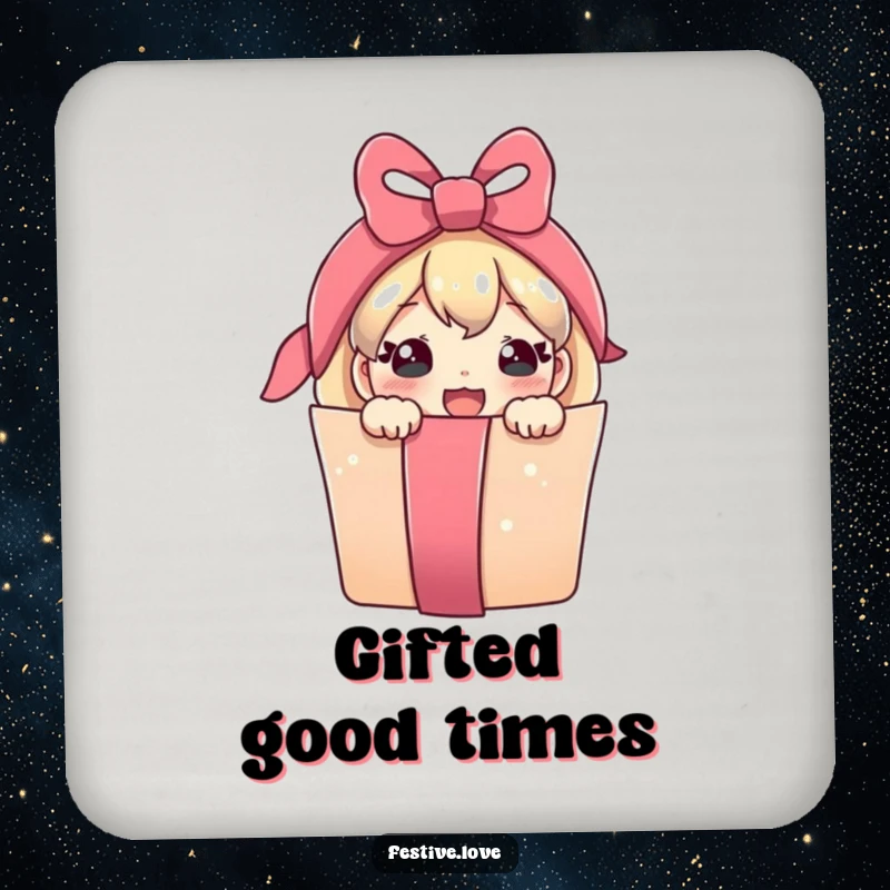 Funny drink coasters featuring a cute, smiling present character peeking out from a ribbon, protecting surfaces.
