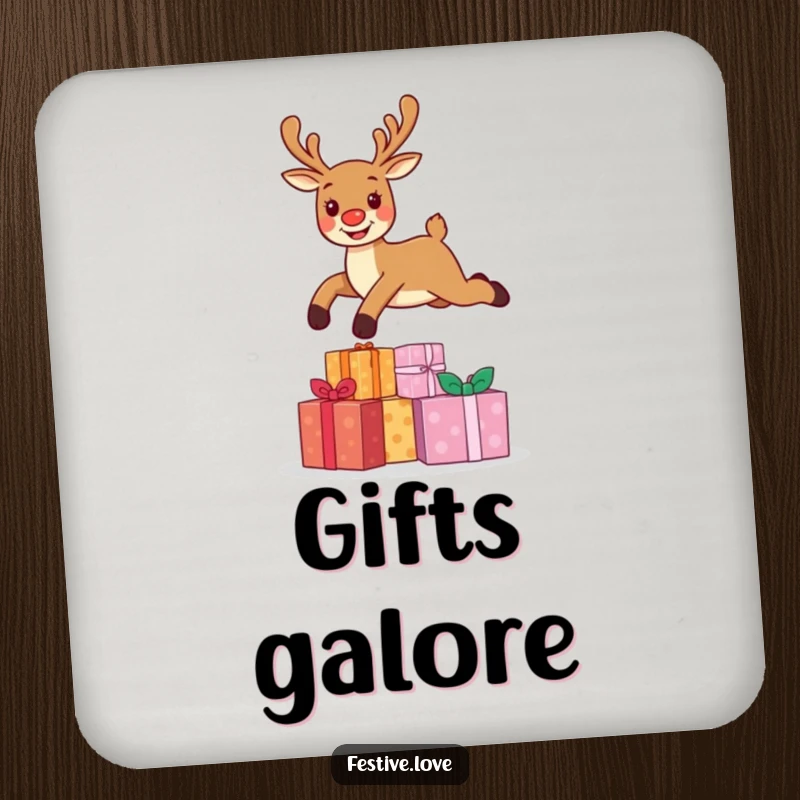 Funny drink coaster featuring a cheerful reindeer character leaping over Christmas presents, safeguarding surfaces with festive humor.