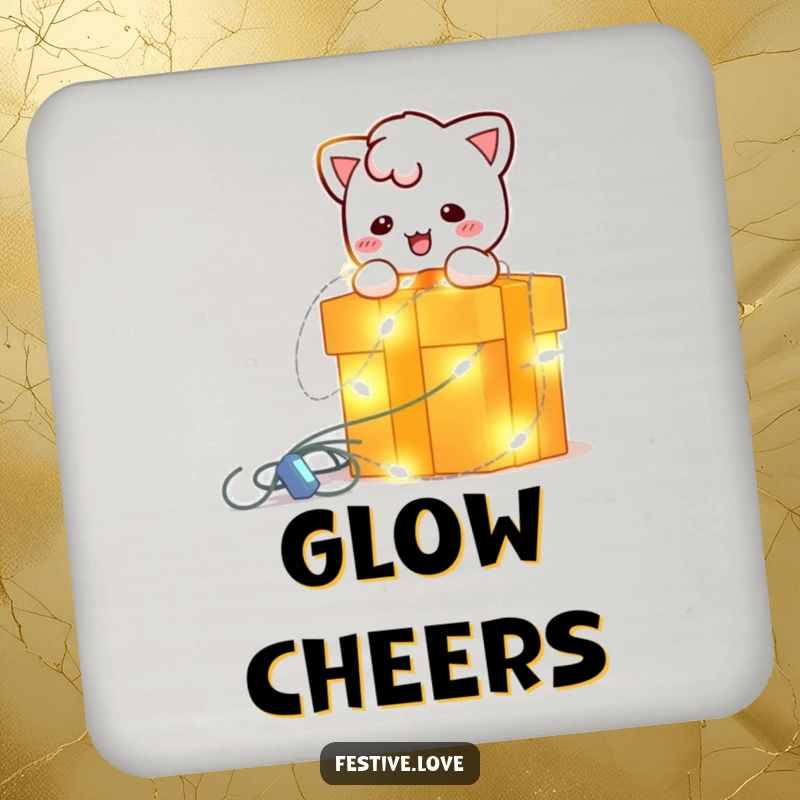 Funny drink coaster featuring a bright, blinking string light character playfully wrapping a gift box, safeguarding surfaces with holiday cheer.