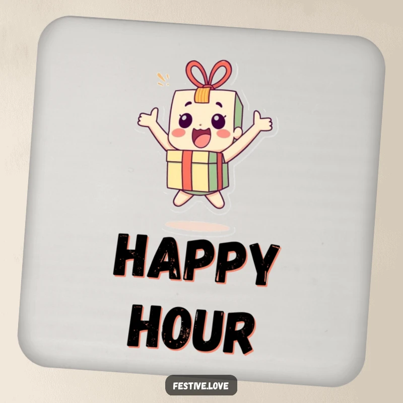 Funny little present character drink coaster bouncing with joy, adding festive fun and a celebratory vibe to any surface.