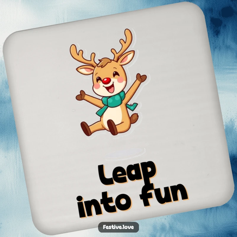 Funny drink coaster featuring a cheerful reindeer leaping with holiday spirit, protecting surfaces with style.