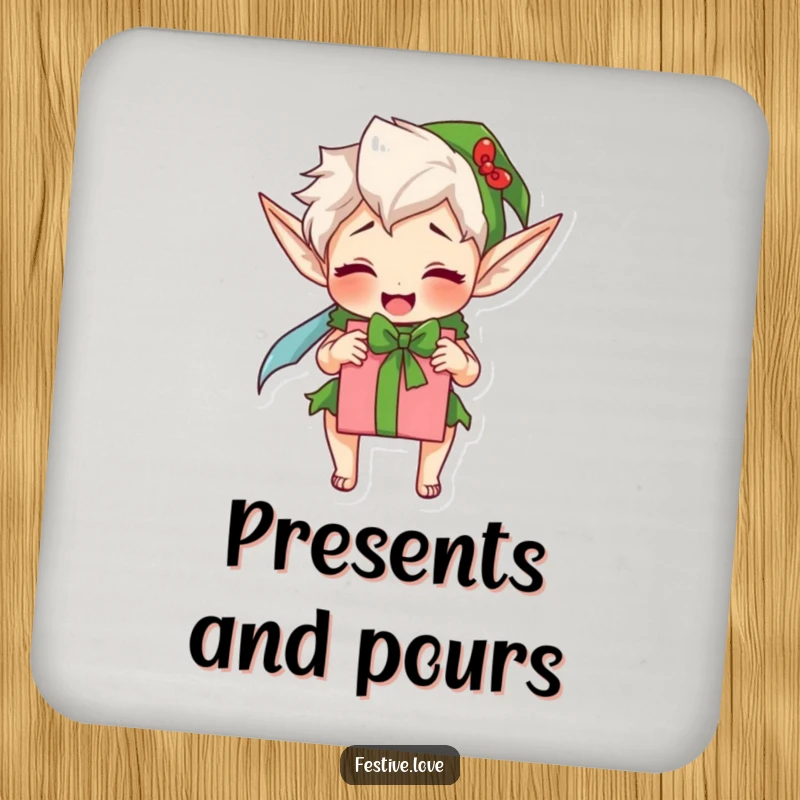Funny elf coasters, an excited character wrapping a gift, adding festive flair to table protection.