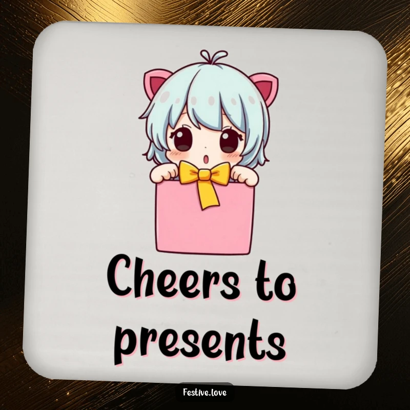 Funny character coasters unwrapping a gift, surprised expression, protect surfaces with delight, a cute funny gift.