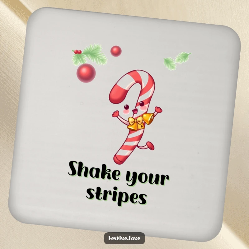 Funny candy cane drink coaster featuring a dancing candy cane with jingle bells, perfect for holiday tables.