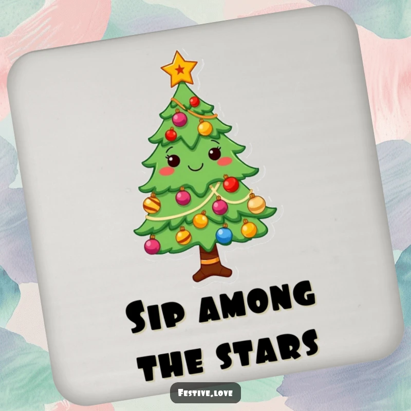 Funny Christmas tree coaster set featuring a cheerful character decorated with shining ornaments and a star, perfect for tables.