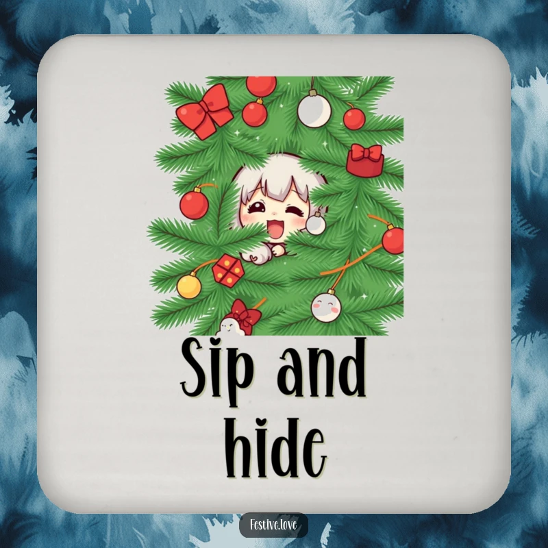 Funny coaster with a character peeking from behind a Christmas tree, symbolizing holiday mischief and protecting furniture with humor.