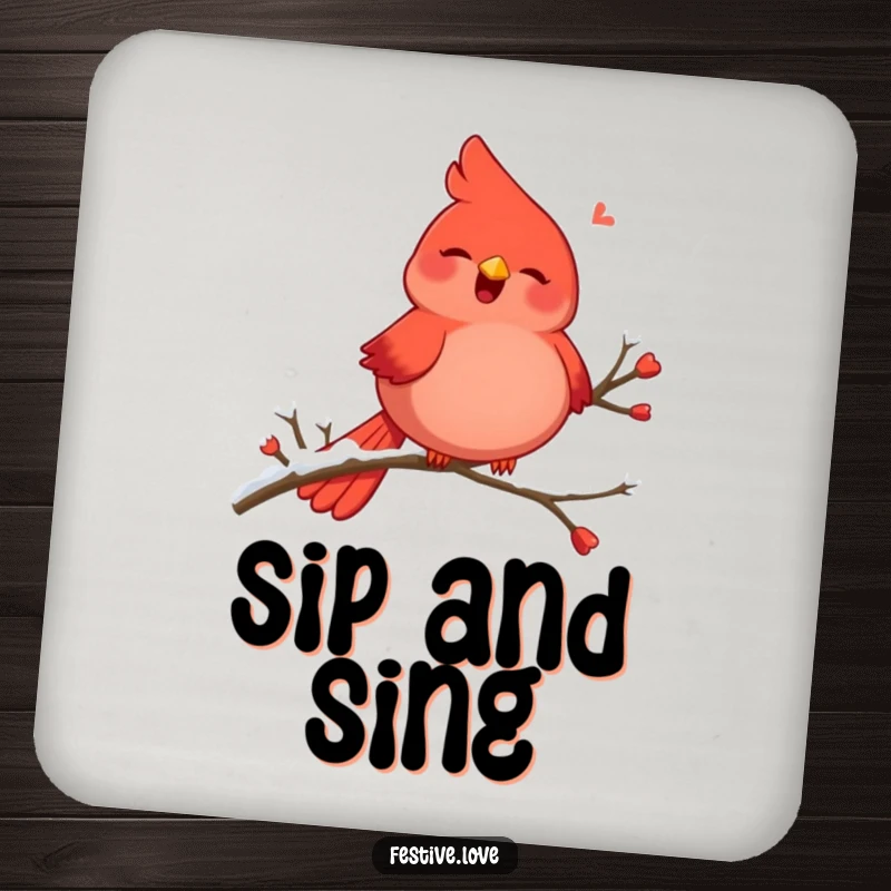 Funny drink coaster with a plump, red cardinal character singing joyfully on a snowy branch, winter decor.