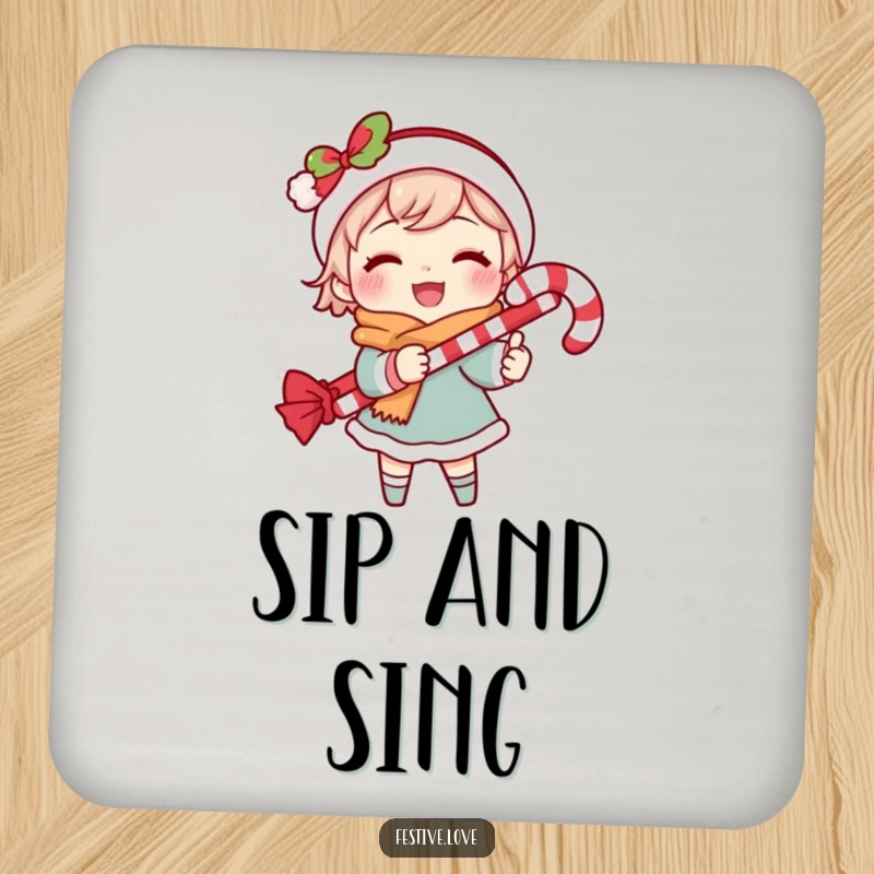 Funny drink coaster with a caroling character and candy cane, adding a festive and humorous touch to drink service.