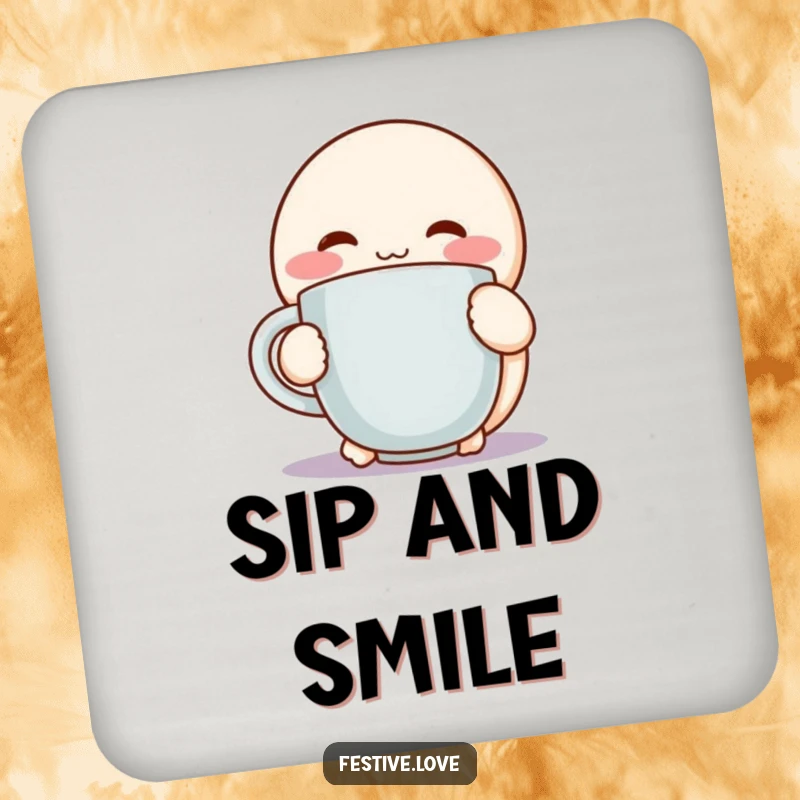 Funny coaster featuring a round, rosy-cheeked character hugging a steaming mug with pure delight, perfect for protecting surfaces.