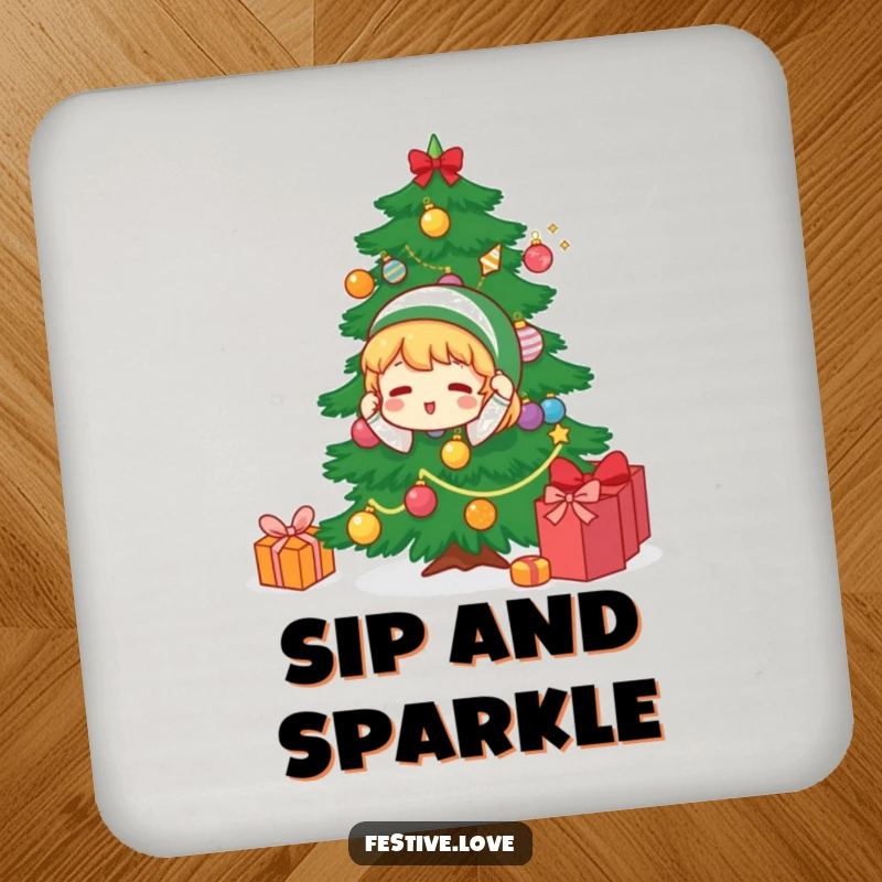 Funny drink coaster with a character decorating a Christmas tree, adding a festive and humorous touch to tables while preventing moisture rings.