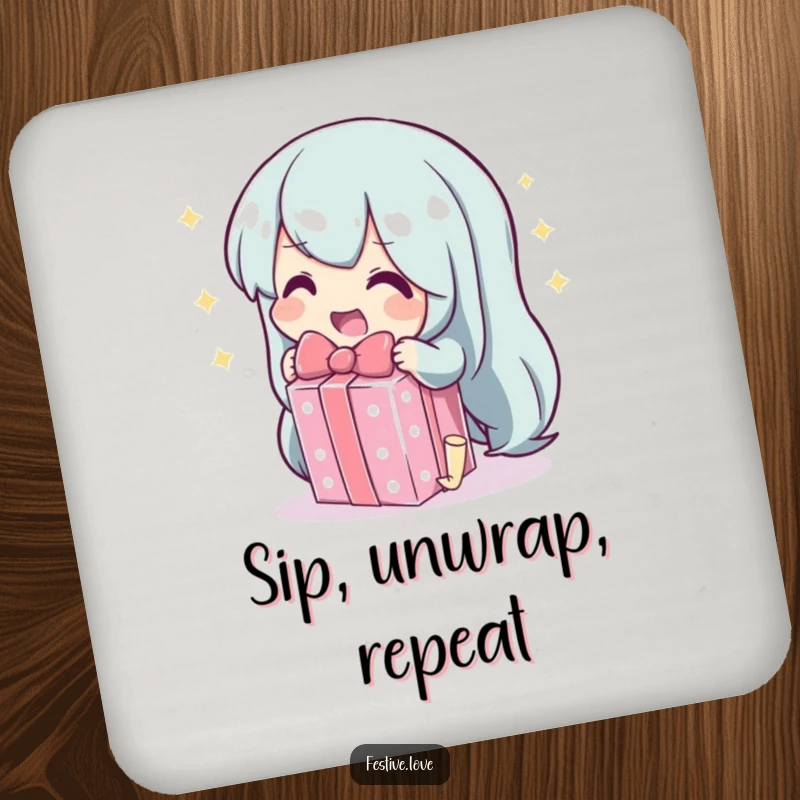 Funny coaster with a character unwrapping a sparkling gift, symbolizing joy and protecting furniture with humor.