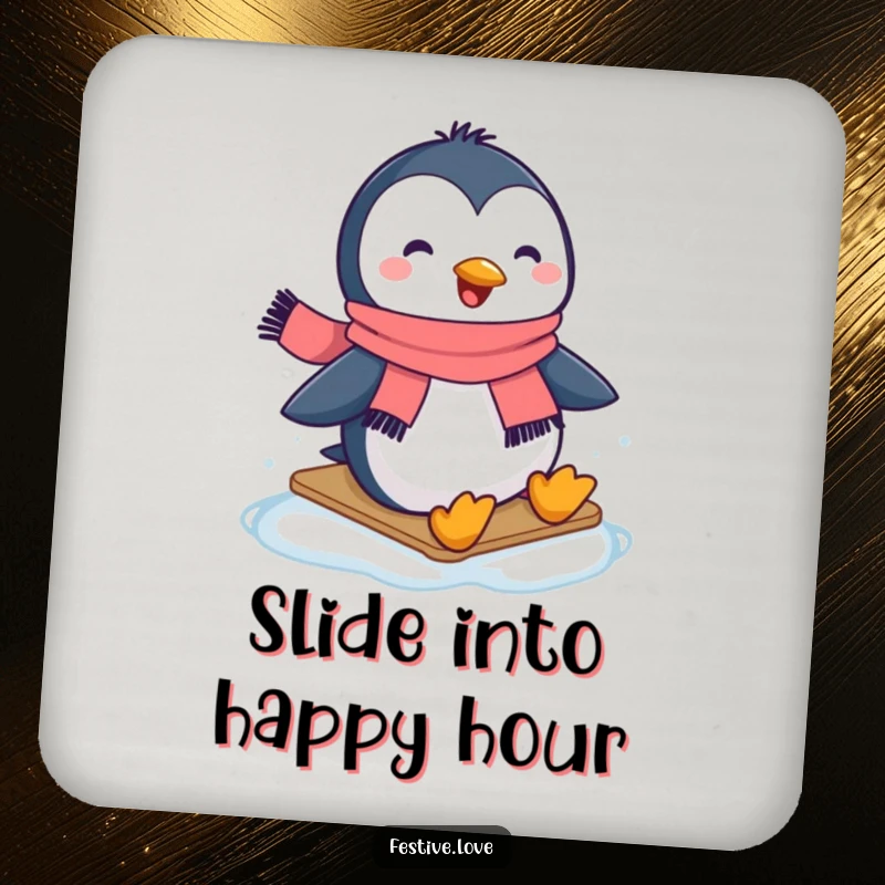 Funny drink coaster with a happy penguin character wearing a scarf, sliding smoothly across ice.