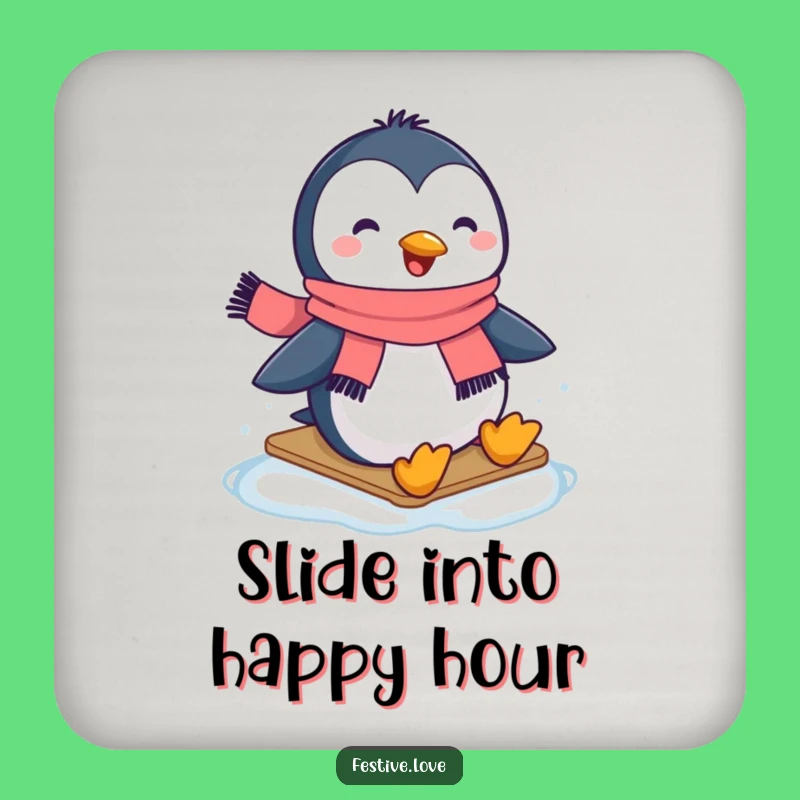 Funny Penguin Scarf Coaster - Happy Winter Drink Accessory Gift