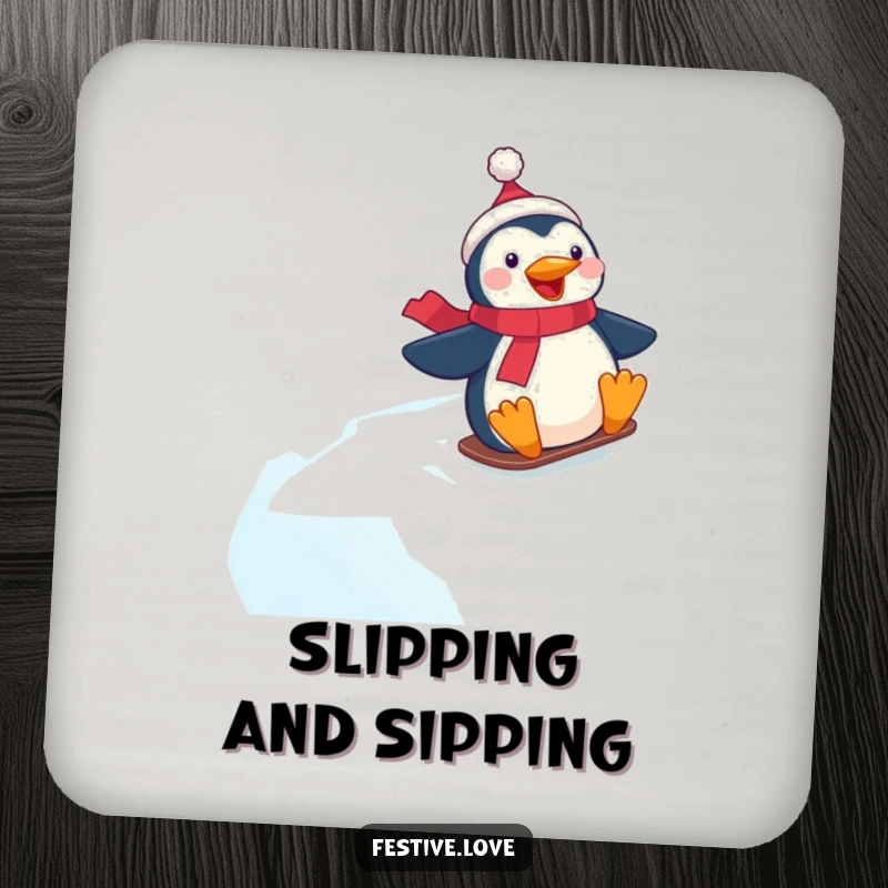 Funny drink coaster featuring a gleeful penguin character mid-slide down a smooth, icy hill.