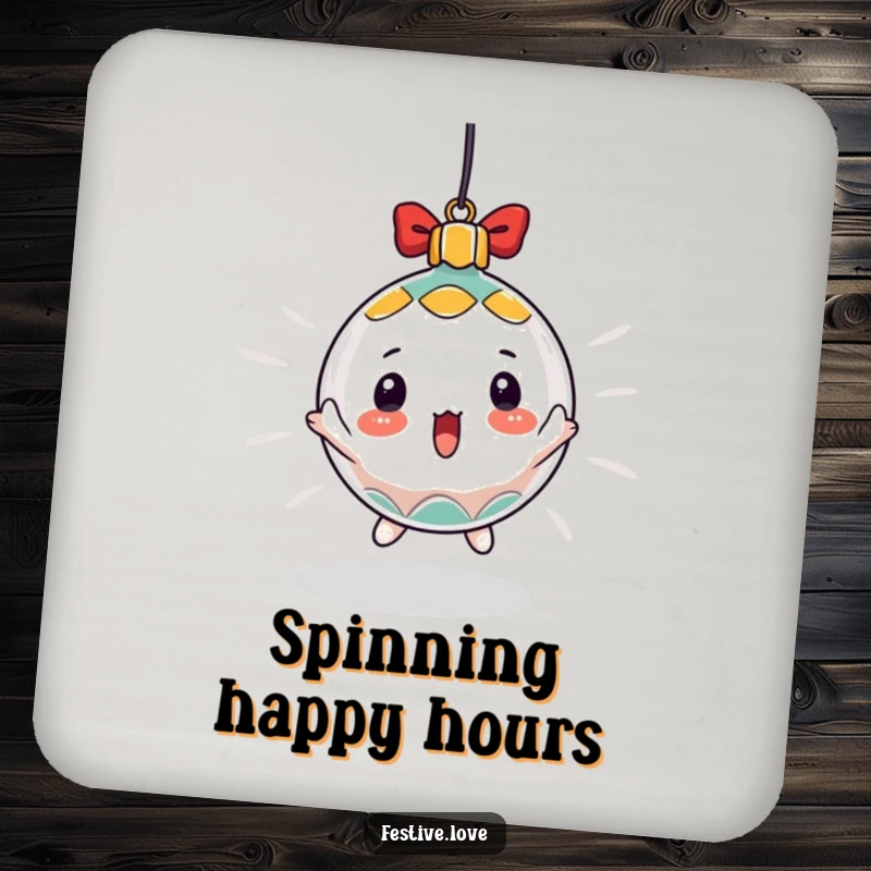 Funny drink coaster featuring a surprised Christmas ornament character spinning rapidly, protecting surfaces with holiday excitement.