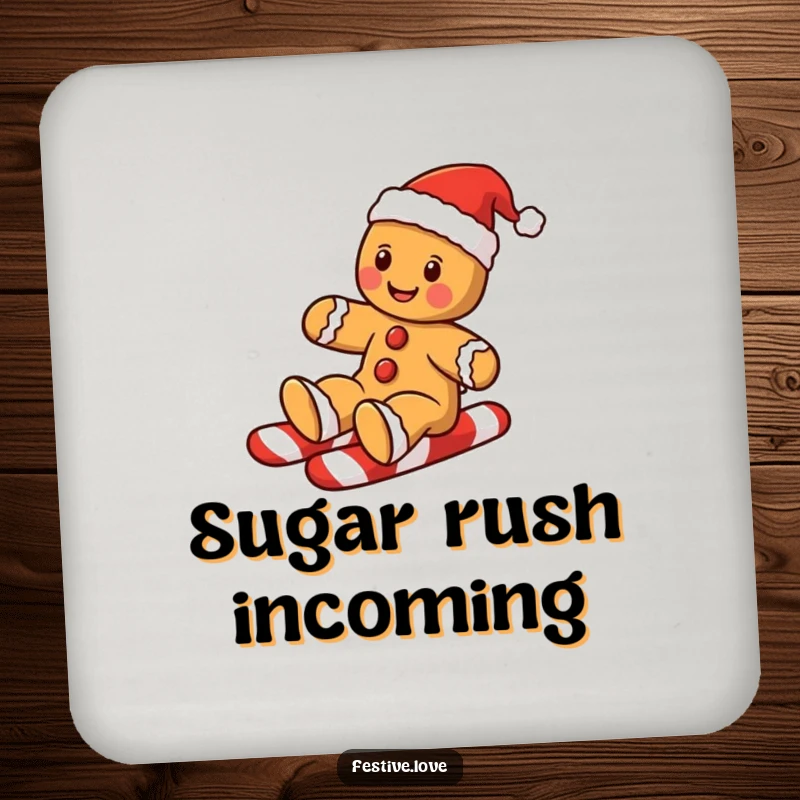 Funny gingerbread man drink coaster featuring a cookie sliding down a candy cane, perfect for holiday tables.