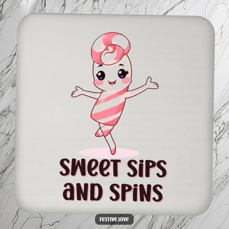 Funny kawaii candy cane drink coaster, playful pirouette, protecting surfaces with festive charm.