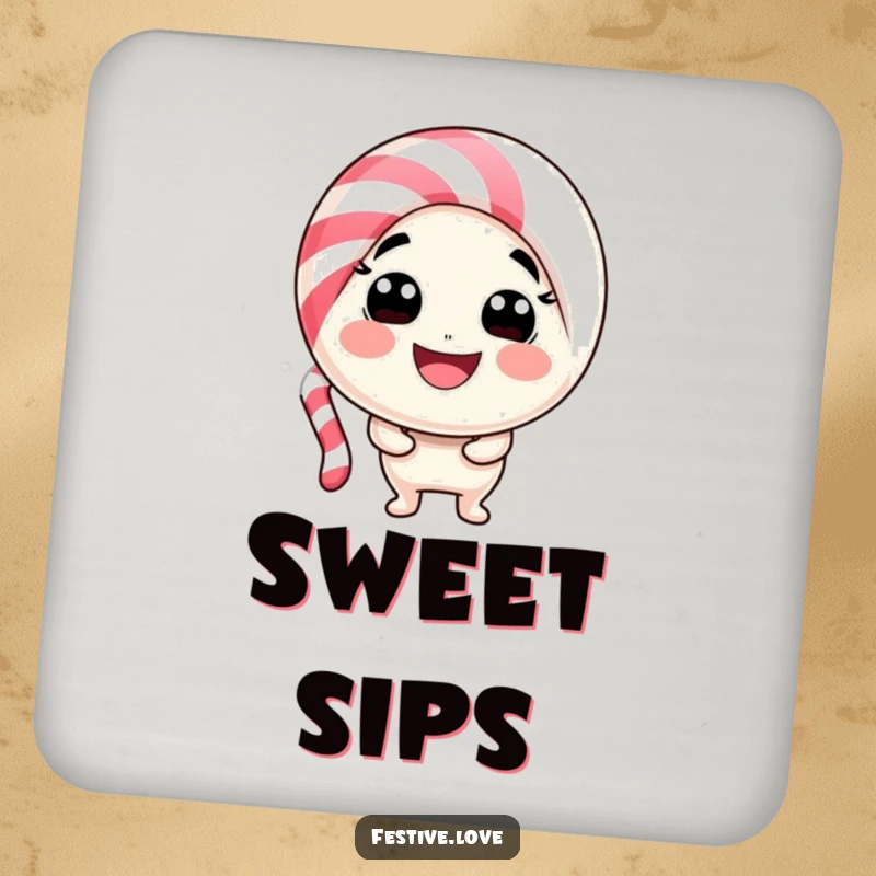 Funny candy cane character drink coaster bending into a happy smile, adding sweet holiday cheer to any surface.