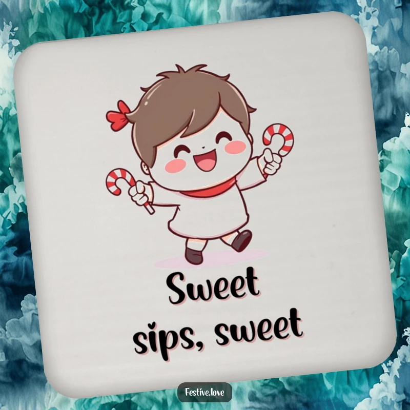 Funny coaster featuring a cheerful character dancing with tiny candy canes and a wide smile, perfect for protecting surfaces.