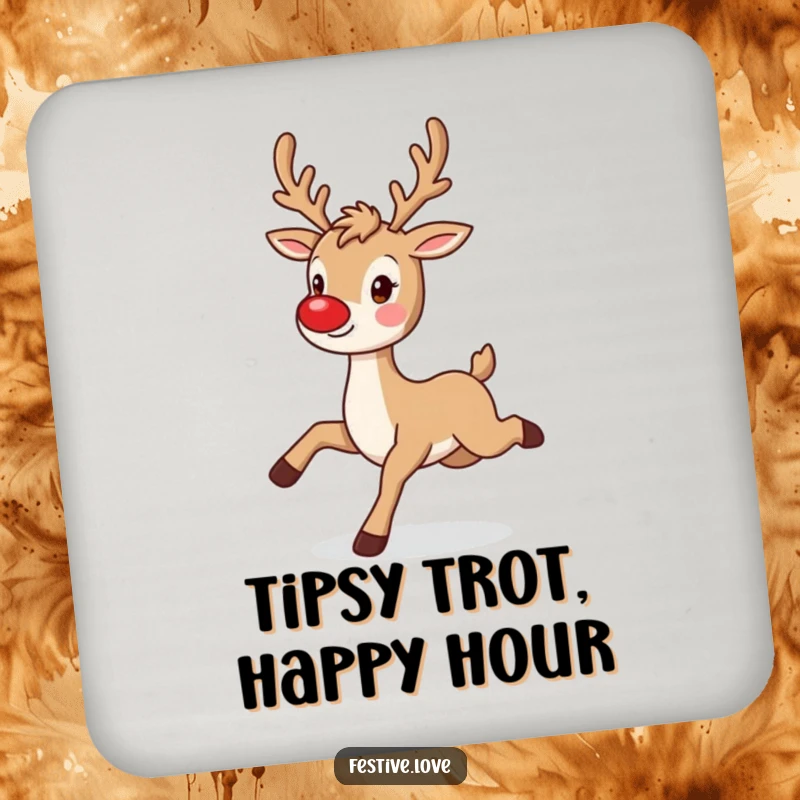 Funny reindeer coaster set featuring a playful character prancing with a twinkling red nose, perfect for tables.