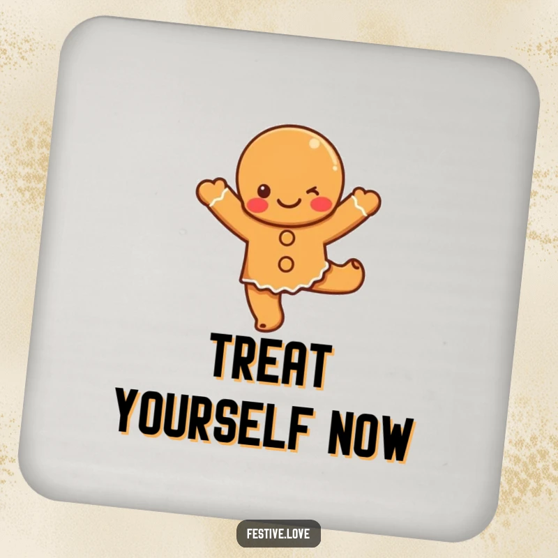 Funny gingerbread dance coaster featuring a cute cartoon gingerbread character doing a joyful dance, protecting surfaces with holiday cheer.