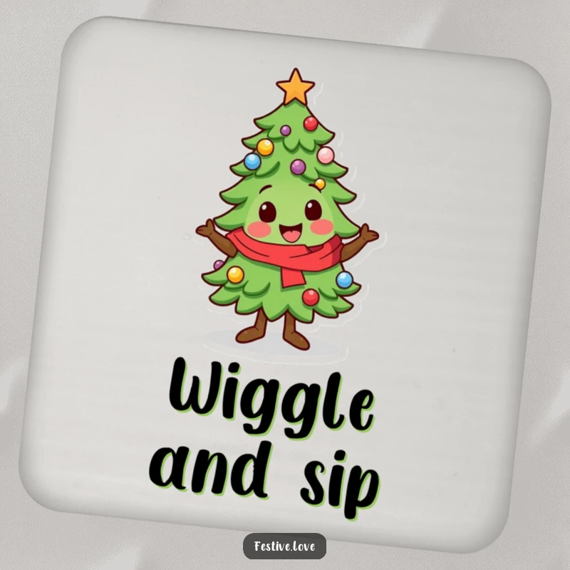 Funny Coaster: A kawaii Christmas tree character performs a festive wiggle, offering humorous and practical protection for drinks.