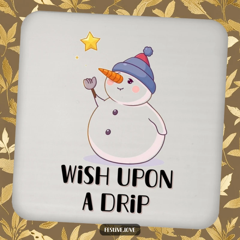 Funny snowman drink coaster showing a snowman looking at a falling star, perfect for winter tables.
