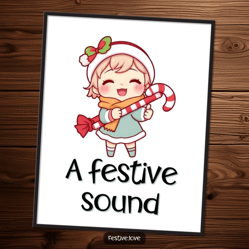 Funny poster art of a character joyfully caroling, holding a candy cane, bringing festive and musical cheer to any space.