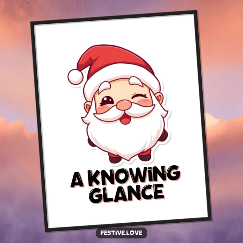 Funny poster art of Santa Claus giving a big, happy wink, embodying festive holiday cheer and joy.