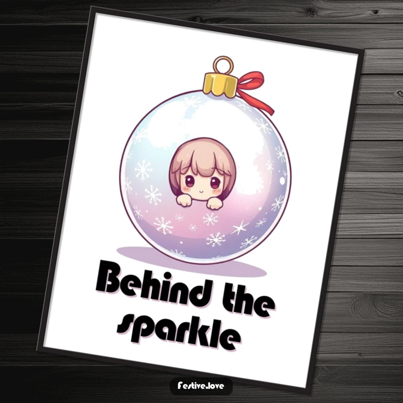 Funny poster art of a tiny character playfully peeking from behind a massive, dazzling Christmas ornament, bringing festive joy to any wall.