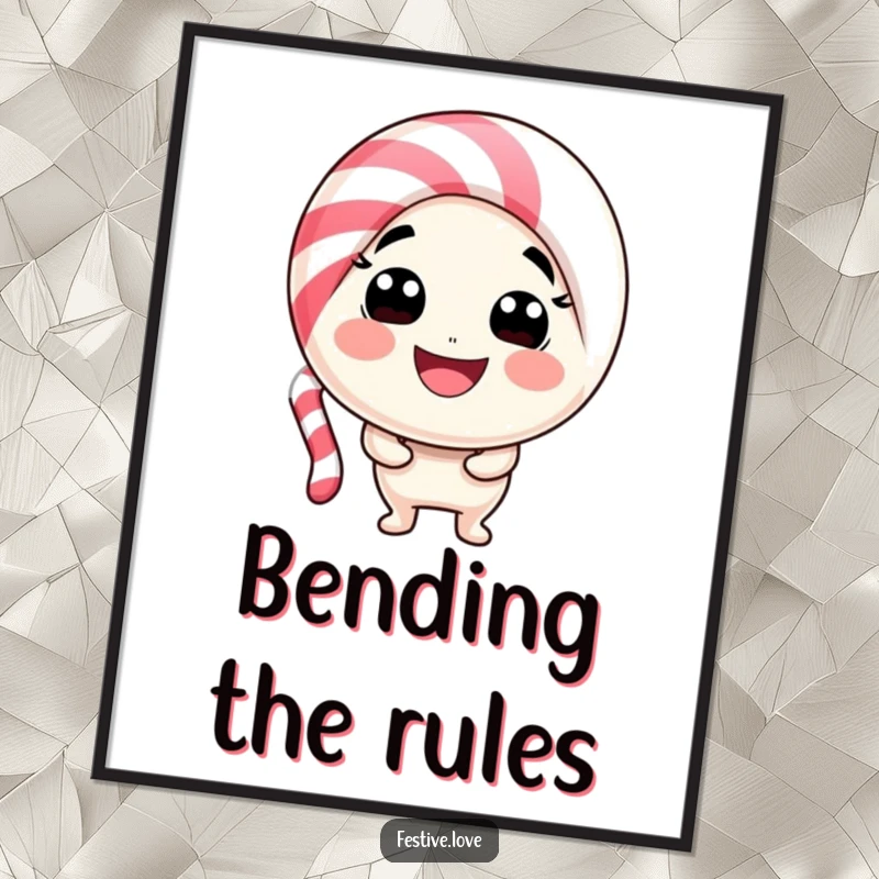 Funny candy cane character poster bending into a sweet, inviting smile, bringing festive cheer and playful art to any wall.