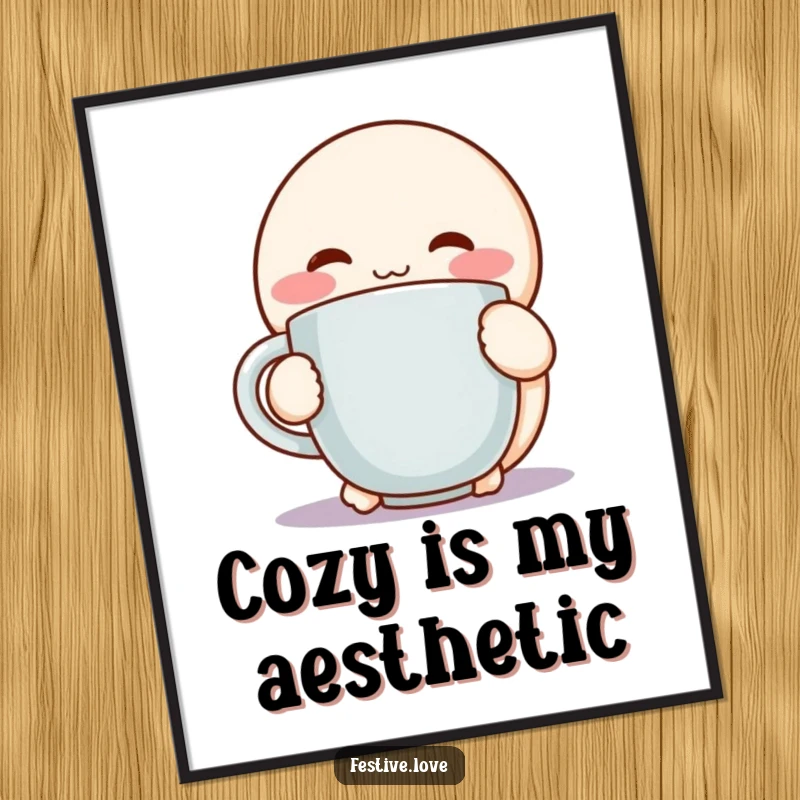 Funny poster featuring a round, rosy-cheeked character hugging a steaming mug with pure delight, ideal for cozy decor.