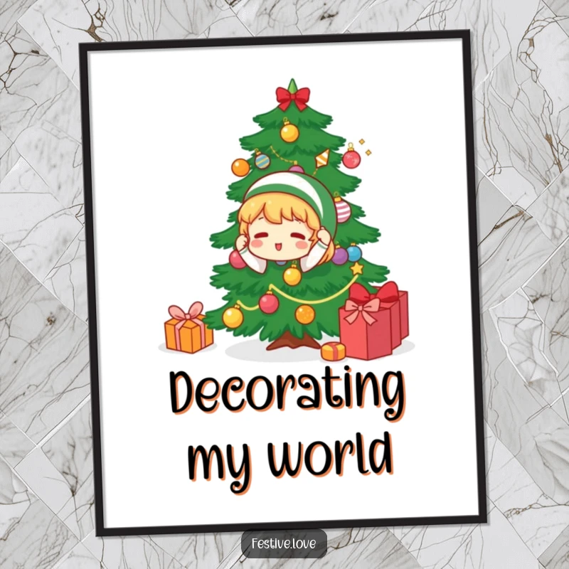 Funny poster art of a character happily decorating a Christmas tree with colorful ornaments, bringing cheerful holiday vibes to any wall.
