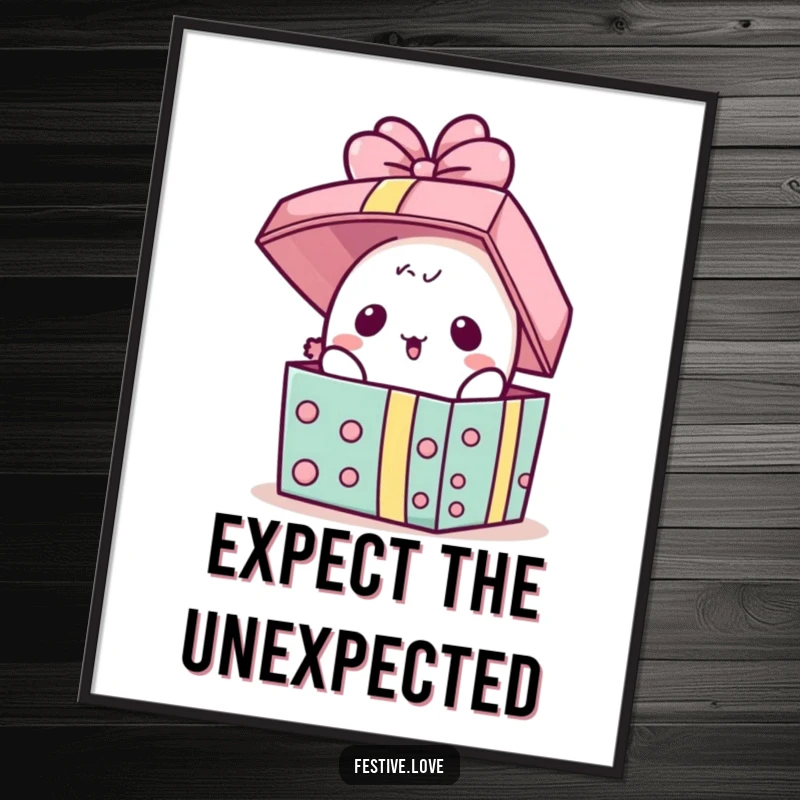 Funny Poster: A kawaii present character pops its lid open in surprise, bringing a joyful and humorous element to wall art.