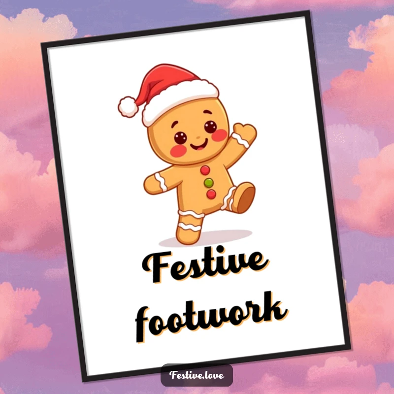 Funny kawaii gingerbread man wearing a Santa hat, joyfully dancing, ideal for vibrant and festive wall decor.